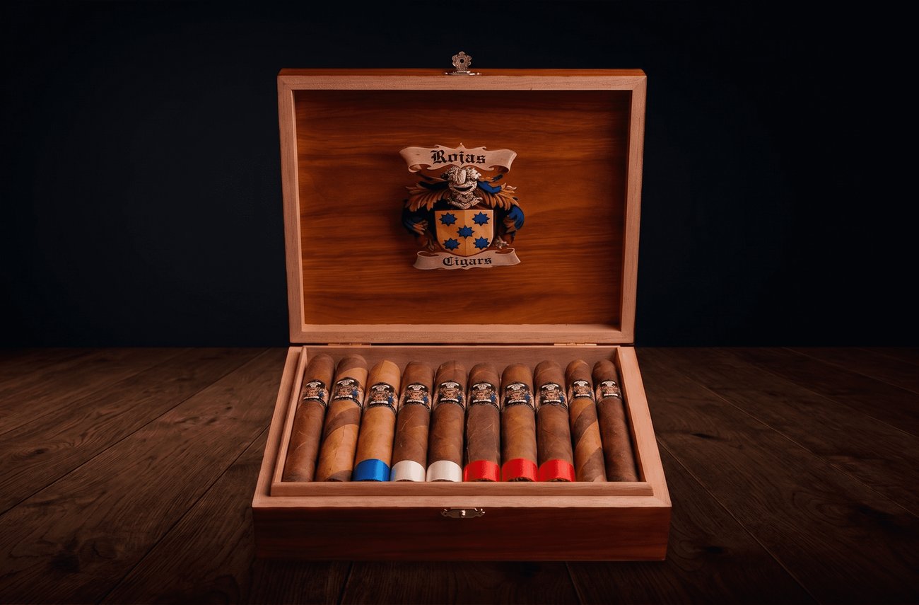 Rojas Cigars premium wooden box — 20-unit cedar-lined presentation box with coat of arms